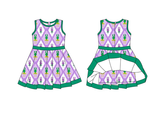 10.4 GSD2868 Pre order No Moq Yoga fabric Baby Girls Mardigras Crayfishes Checked Back Zip Shorts Yoga Knee Length Dresses