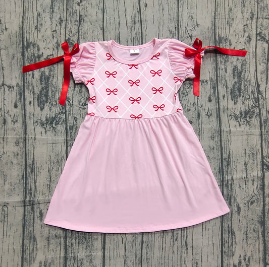 11.13 GSD2883 Sample No Moq Baby Girls Pink Bows Checked Ruffle Sleeve Valentines Knee Length Dresses