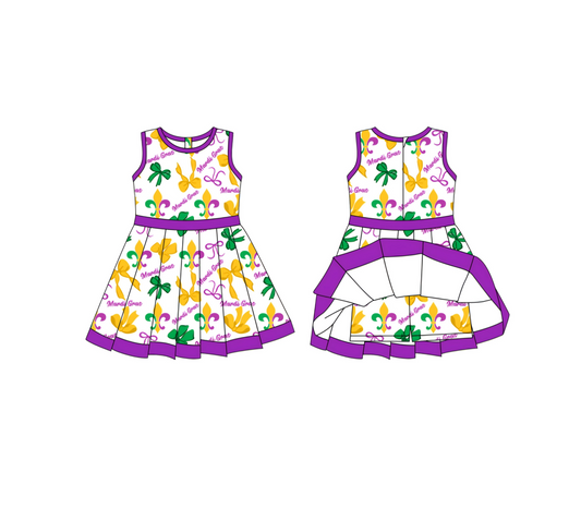 10.10 GSD2885 Pre order No Moq Yoga fabric Baby Girls Mardigras Bows Anchors Back Zip Shorts Yoga Knee Length Dresses