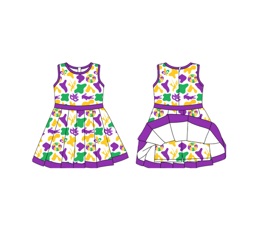 10.10 GSD2886 Pre order No Moq Yoga fabric Baby Girls Mardigras Camo Crayfishes Back Zip Shorts Yoga Knee Length Dresses