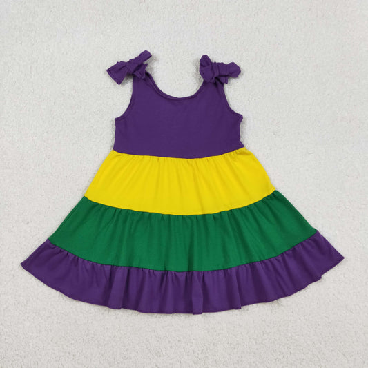 12.17 RTS NO MOQ （In stock）GSD2934 Baby Girls Bows Strap Mardigras Patchwork Ruffle Knee Length Dresses