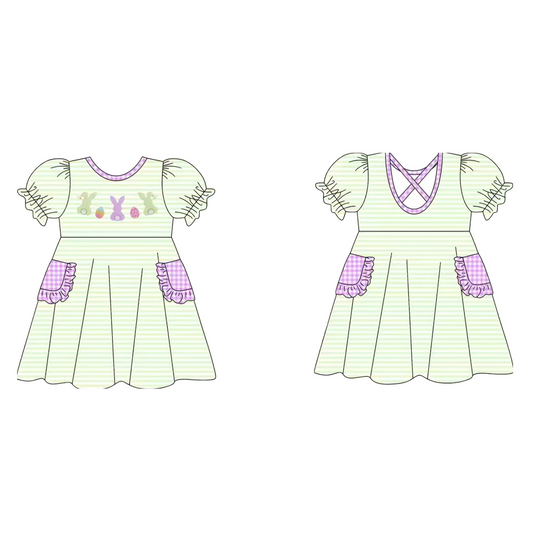 10.10 GSD2889 Pre order No Moq Baby Girls Stripe Rabbits Eggs Pockets Easter Knee Length Dresses