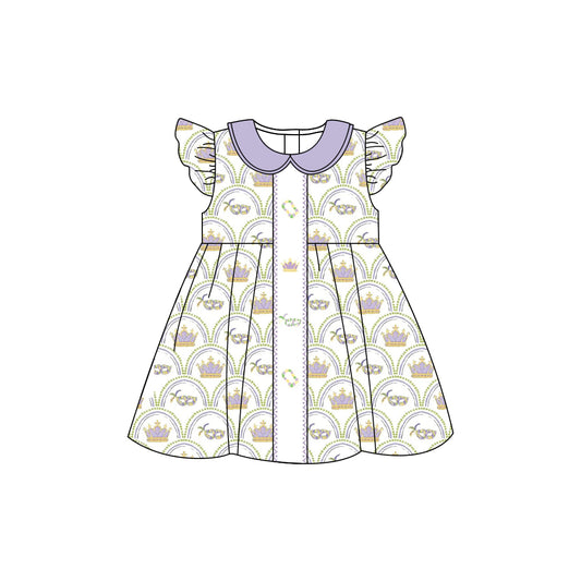10.11 GSD2891 Pre order No Moq Baby Girls Mardigras Crowns Masks Checked Collar Knee Length Dresses