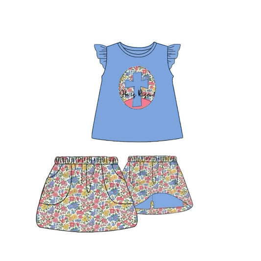 10.11 GSD2892 Pre order No Moq Baby Girls Blue Floral Cross Tunic Pockets Skirt Shorts Easter Clothes Sets