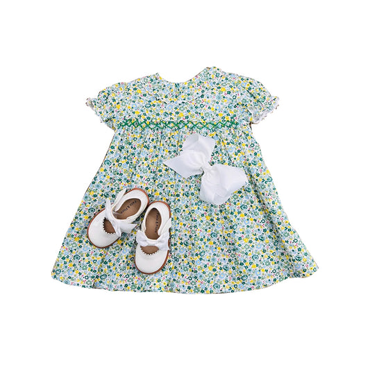10.13 GSD2893 Pre order No Moq Baby Girls Green Flowers Ruffle Sleeve Knee Length Dresses