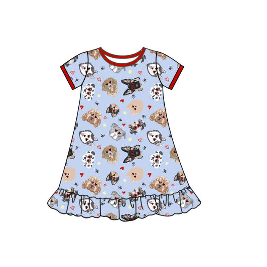 10.13 GSD2896 Pre order No Moq Baby Girls Hearts Dogs Valentine Ruffle Knee Length Dresses