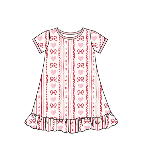 10.13 GSD2898 Pre order No Moq Baby Girls Pink Bows Hearst Stripe Valentine Ruffle Knee Length Dresses