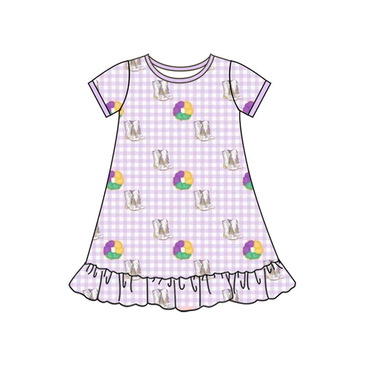 10.13 GSD2900 Pre order No Moq Baby Girls Mardigras Boots Donuts Checked Ruffle Knee Length Dresses