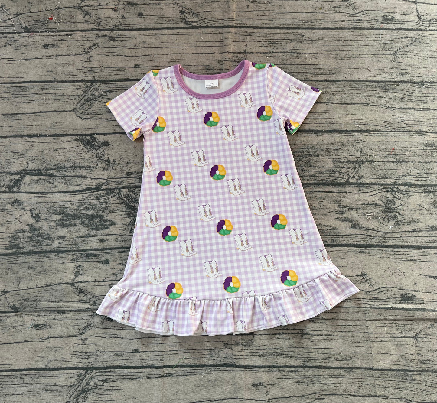 11.14 GSD2900 Sample No Moq Baby Girls Mardigras Boots Donuts Checked Ruffle Knee Length Dresses