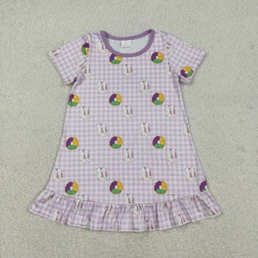 12.10 RTS NO MOQ （In stock）GSD2900 Baby Girls Mardigras Boots Donuts Checked Ruffle Knee Length Dresses