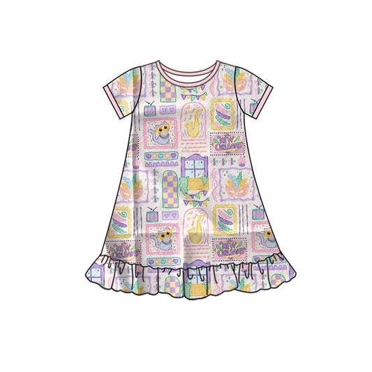 10.13 GSD2901 Pre order No Moq Baby Girls Mardigras Anchors Masks Checked Ruffle Knee Length Dresses