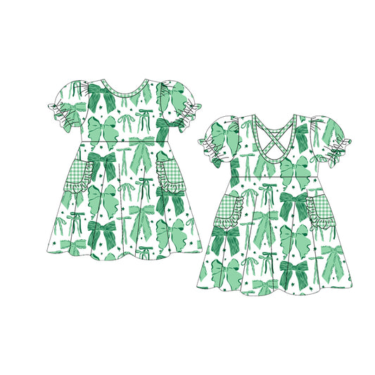 10.13 GSD2903 Pre order No Moq Baby Girls Green Clovers Bows St Patrick Pockets Knee Length Dresses