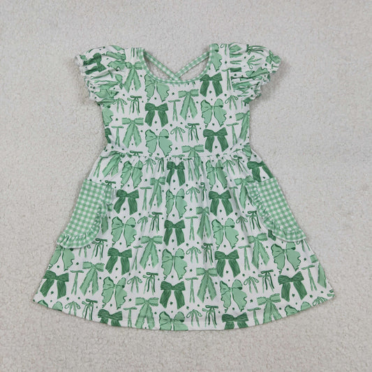 12.5 RTS NO MOQ （In stock）GSD2903 Baby Girls Green Clovers Bows St Patrick Pockets Knee Length Dresses