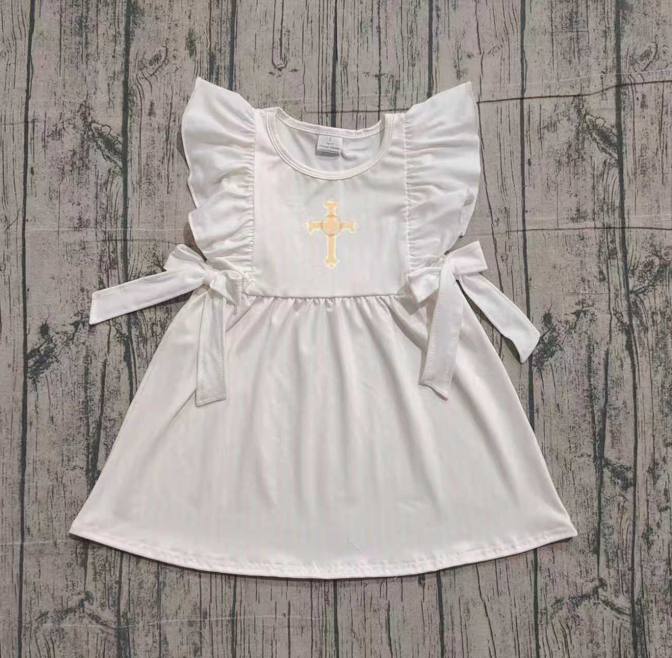 11.26 GSD2904 Sample No Moq Embroidery Cross Baby Girls Bows Easter Knee Length Dresses