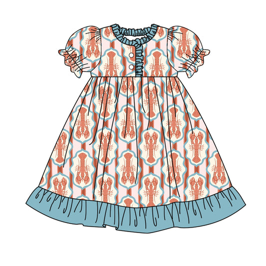 10.14 GSD2907 Pre order No Moq Baby Girls Crayfishes Checked Button Ruffle Knee Length Dresses