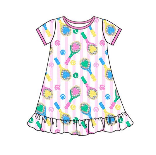 10.14 GSD2909 Pre order No Moq Baby Girls Pink Stripe Hearts Tennis Valentine Ruffle Knee Length Dresses