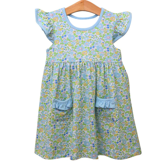 10.14 GSD2910 Pre order No Moq Baby Girls Green Flutter Sleeve Floral Pockets Knee Length Dresses