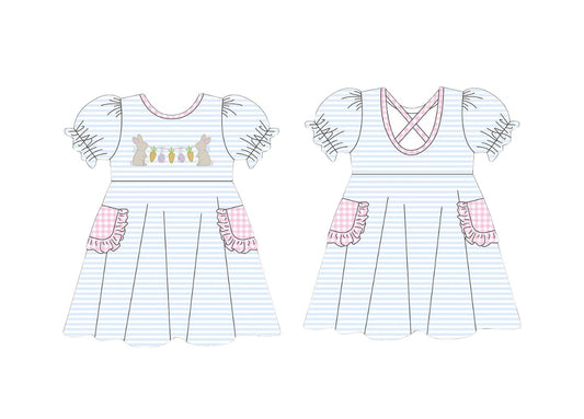 10.14 GSD2912 Pre order No Moq Baby Girls Blue Stripe Rabbits Carrots Easter Pockets Knee Length Dresses