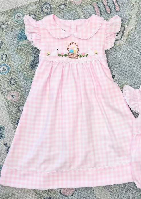 10.14 GSD2913 Pre order No Moq Baby Girls Pink Checked Rabbits Eggs Easter Collar Knee Length Dresses