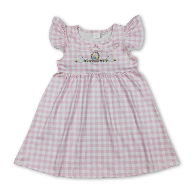 RTS Sibling Flutter sleeves pink plaid rabbit egg girls Easter dresses and romper