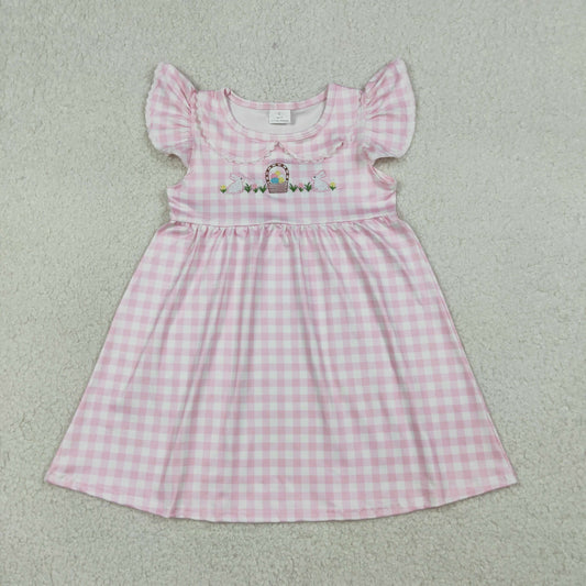 3.23 RTS NO MOQ （In stock）GSD2913 Kids Fashion Clothes Baby Girls Flutter Sleeve Embroidery Rabbits Eggs Pink Checked Easter Knee Length Dresses
