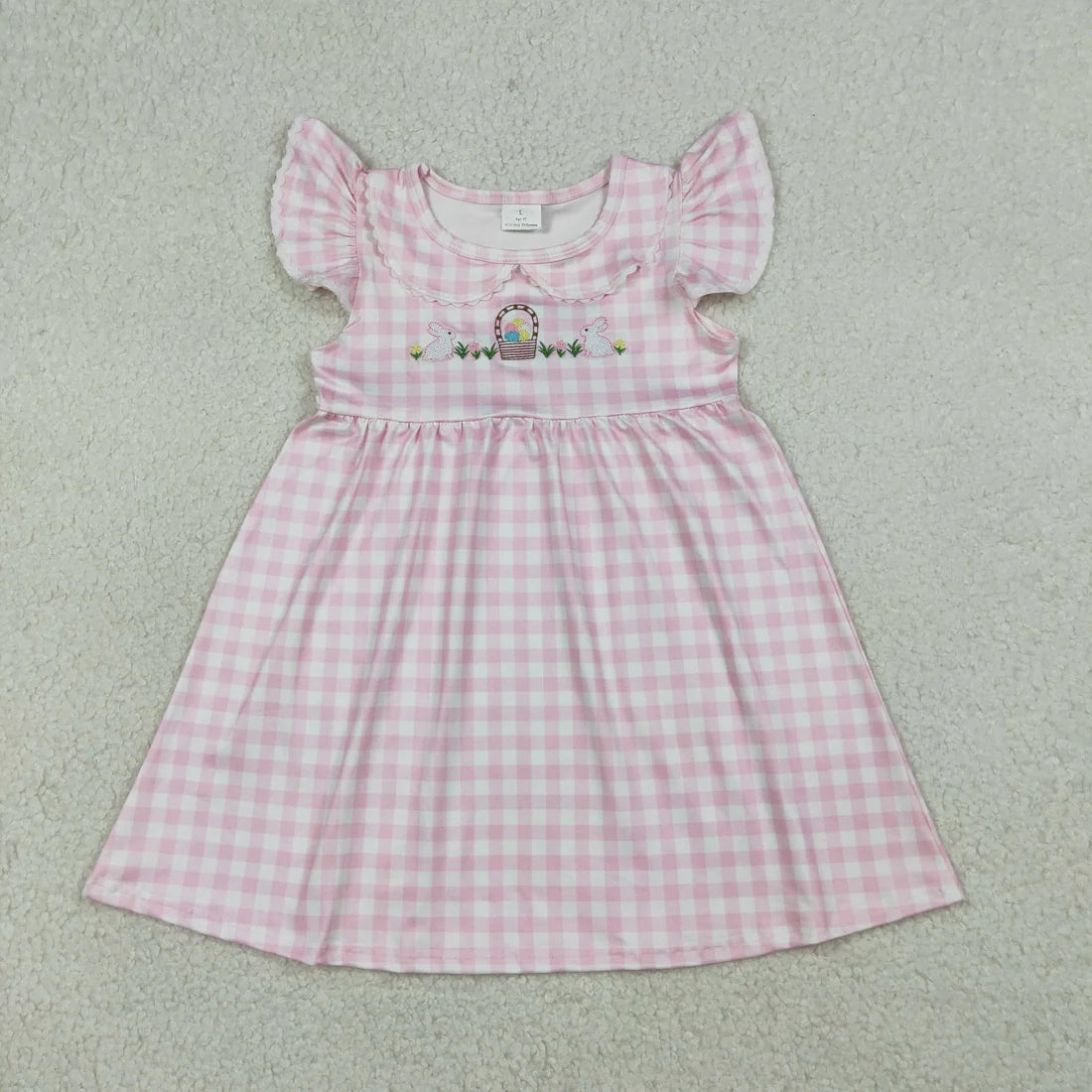 3.26 RTS Sibling Baby Girls Pink Checked Embroidery Rabbits Eggs Easter Knee Length Dress Rompers