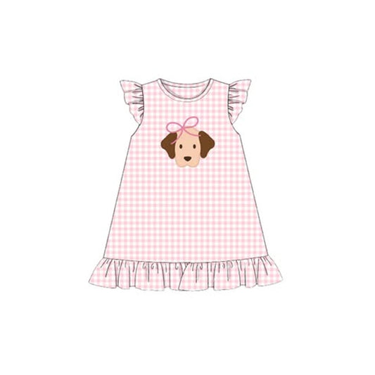 10.14 GSD2914 Pre order No Moq Baby Girls Pink Checked Flutter Sleeve Bow Dogs Ruffle Knee Length Dresses