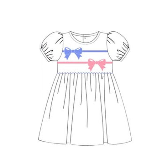 10.14 GSD2915 Pre order No Moq Baby Girls Blue Pink Bows Ruffle Sleeve Knee Length Dresses