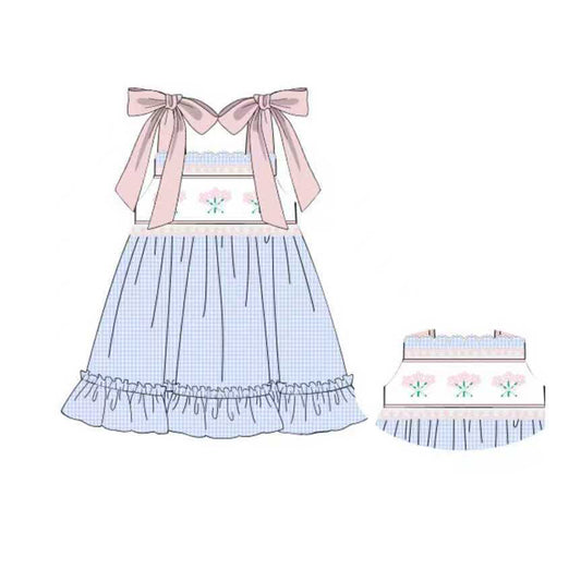 10.14 GSD2916 Pre order No Moq Baby Girls Strap Flowers Checked Ruffle Knee Length Dresses