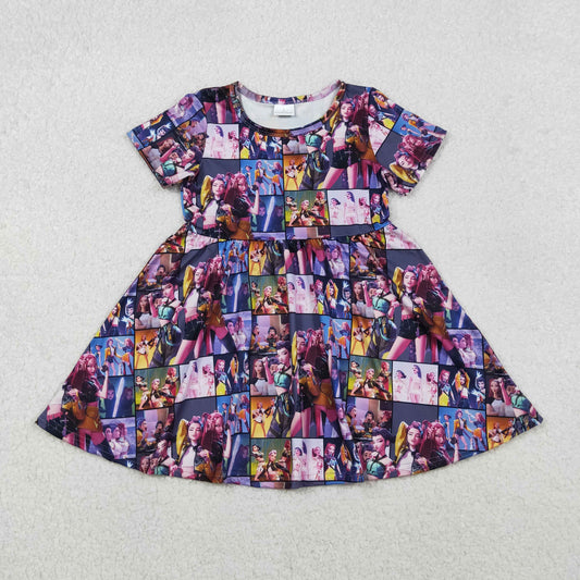 10.31 RTS NO MOQ （In stock）GSD2918 Baby Girls Short Sleeve Cartoon Girls Checked Knee Length Dresses