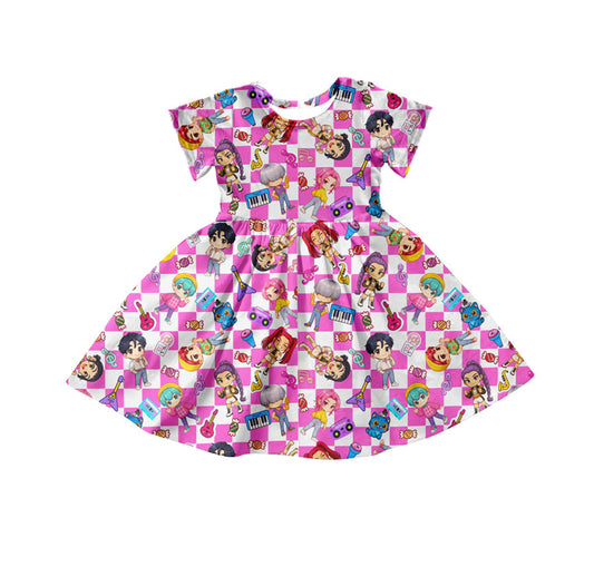 10.15 GSD2919 Pre order No Moq Baby Girls Short Sleeve Pink Checked Cartoon Girls Knee Length Dresses