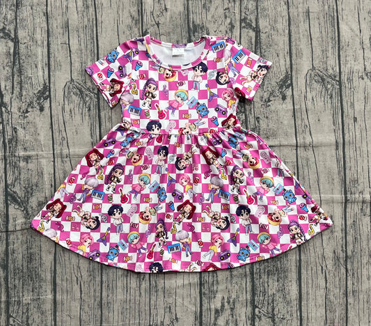 10.22 GSD2919 Sample No Moq Baby Girls Short Sleeve Pink Checked Cartoon Girls Knee Length Dresses