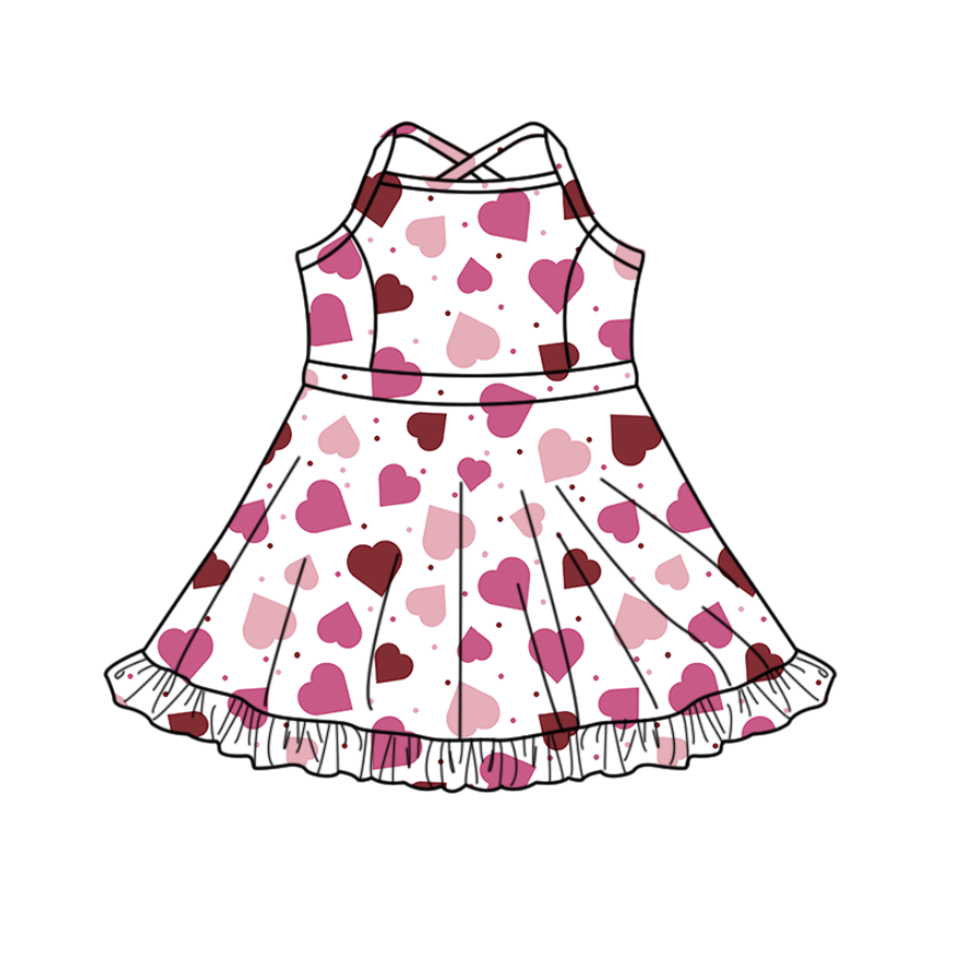 10.20 GSD2926 Pre order No Moq Yoga fabric  Baby Girls Strap Pink Hearts Polka Dots Yoga Shorts Knee Length Dresses