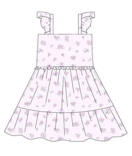 10.22 GSD2931 Pre order No Moq Baby Girls Pink Flutter Sleeve Flowers Patchwork Knee Length Dresses