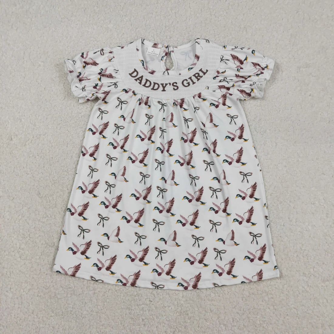12.16 RTS Sibling Smocked Daddy's Girl Baby Girls Bows Ducks Hunting Knee Length Dress Rompers