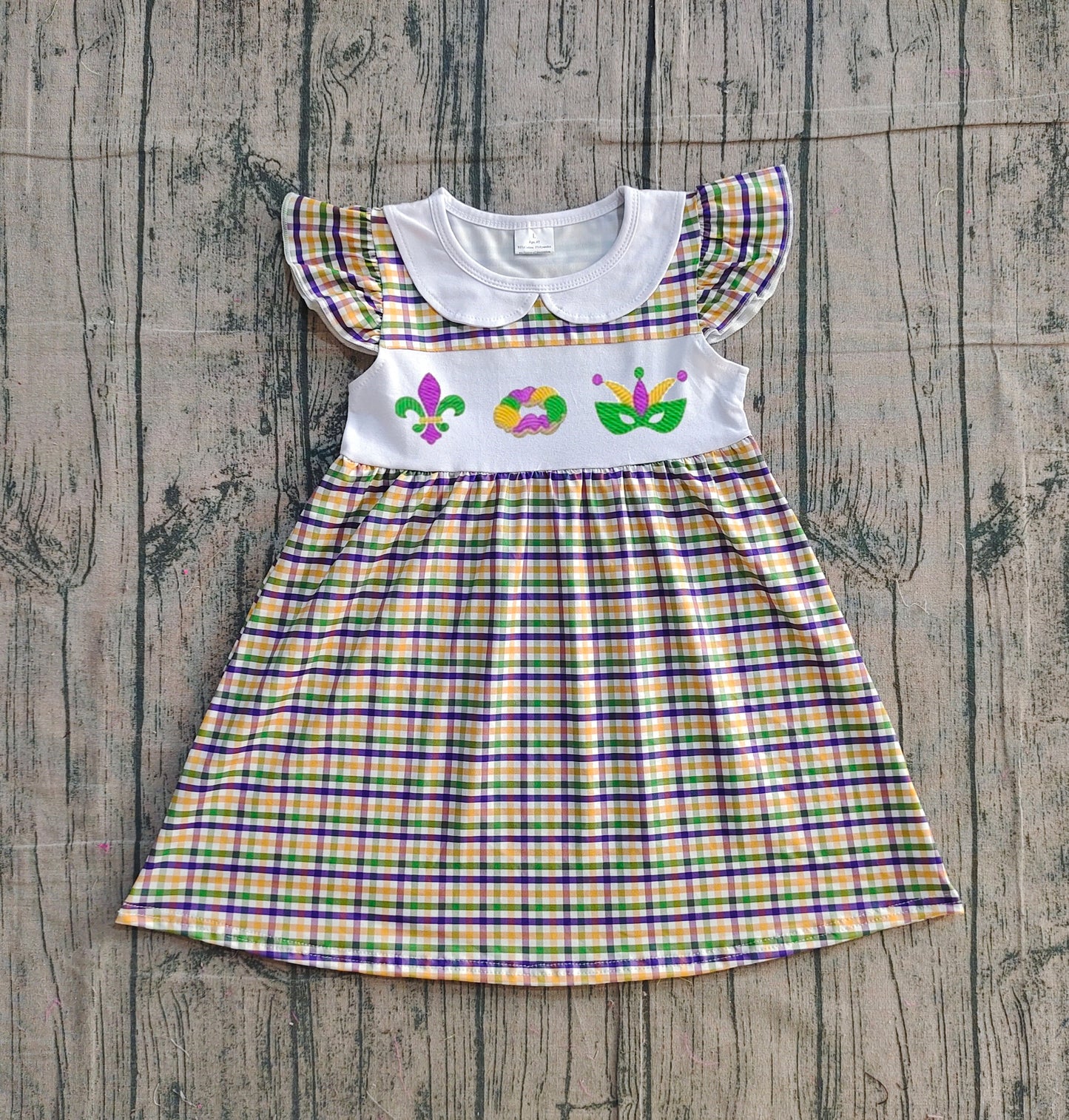 11.26 GSD2934 Sample No Moq Embroidery Anchors Donuts Baby Girls Mardigras Checked Collar Knee Length Dresses