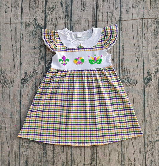 11.26 GSD2934 Sample No Moq Embroidery Anchors Donuts Baby Girls Mardigras Checked Collar Knee Length Dresses