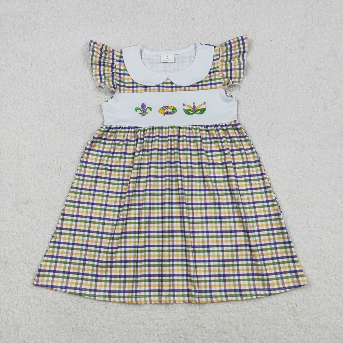 12.13 RTS NO MOQ （In stock）GSD2934 Embroidery Anchors Donuts Baby Girls Mardigras Checked Collar Knee Length Dresses