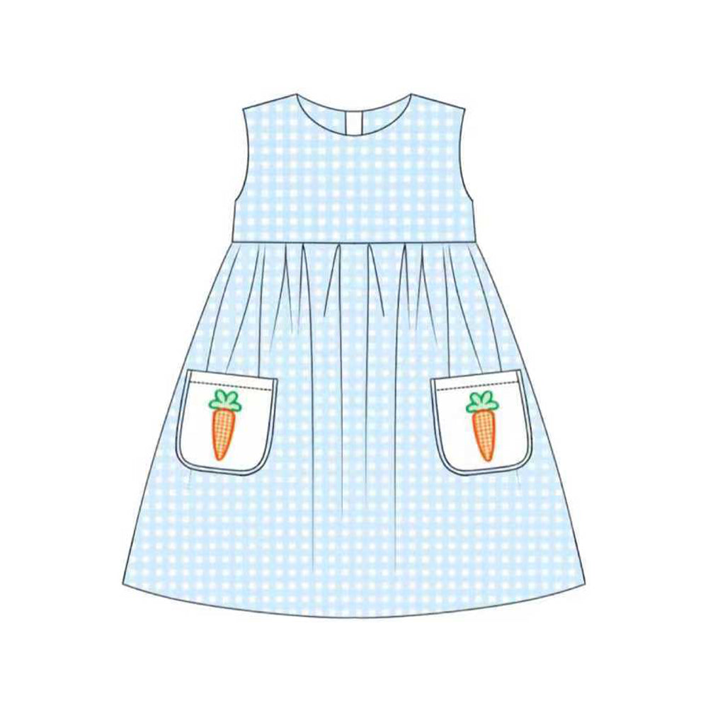 10.23 (Pre Order) No moq GSD2941 PRE-ORDER Baby Girls Checked Carrots Pockets Easter Sleeveless Knee Length Dresses