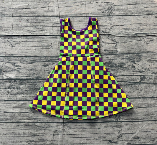 11.18 GSD2946 Sample No Moq Yoga fabric Baby Girls Mardigras Checked Yoga Shorts Knee Length Dresses