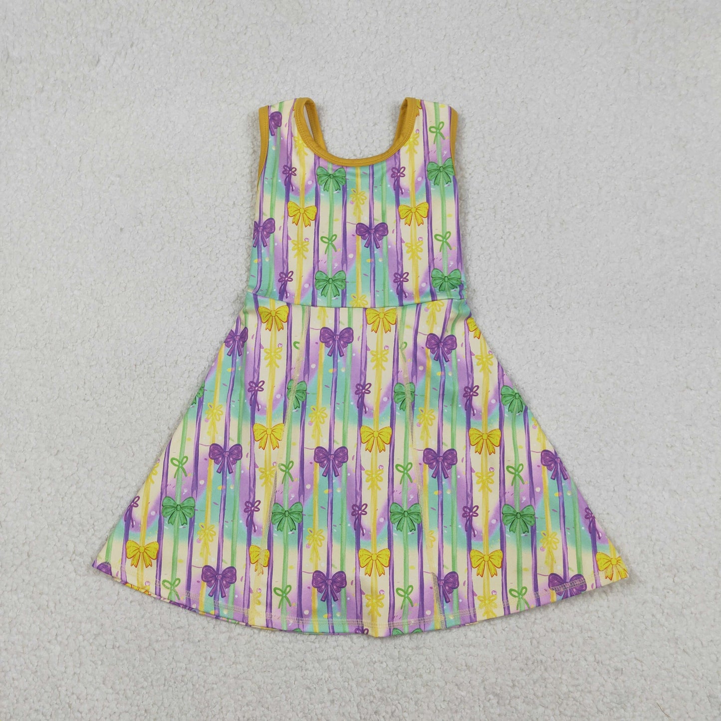 12.19 RTS NO MOQ （In stock）GSD2948 Baby Girls Mardigras Bows Stripe Yoga Active Shorts Knee Length Dresses