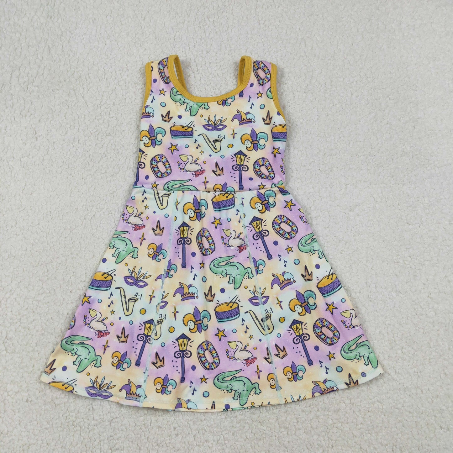 12.23 RTS NO MOQ （In stock）GSD2949 Baby Girls Mardigras Crocodiles Donuts Yoga Active Shorts Knee Length Dresses