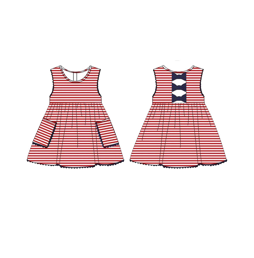 10.23 (Pre Order) No moq GSD2952 PRE-ORDER Baby Girls Stripe Pockets Back Bows July 4th Knee Length Dresses