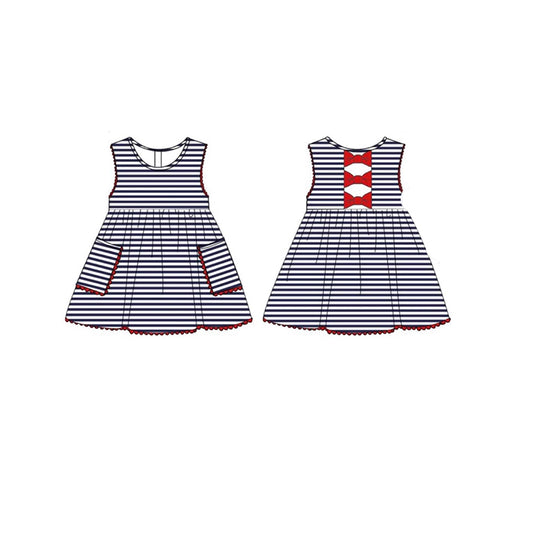 10.23 (Pre Order) No moq GSD2953 PRE-ORDER Baby Girls Stripe Pockets Back Bows July 4th Knee Length Dresses