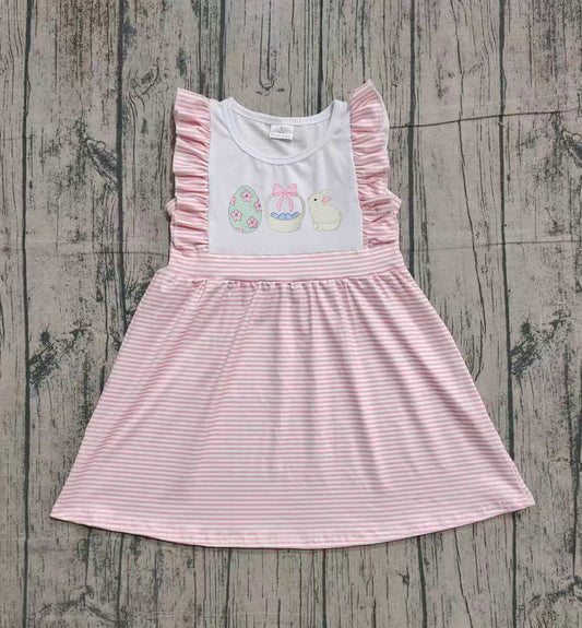 12.3 GSD2957 Sample No Moq Embroidery Rabbit Eggs Baby Girls Pink Stripe Easter Knee Length Dresses