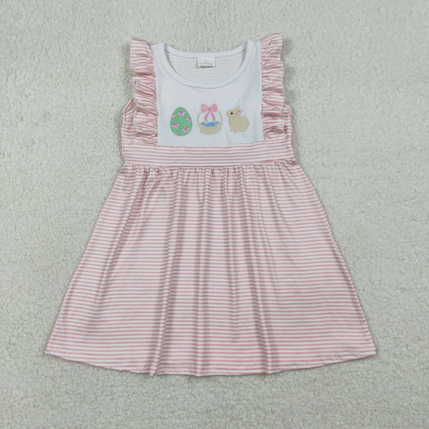 1.13 RTS NO MOQ （In stock）GSD2957 Embroidery Rabbit Eggs Baby Girls Pink Stripe Easter Knee Length Dresses