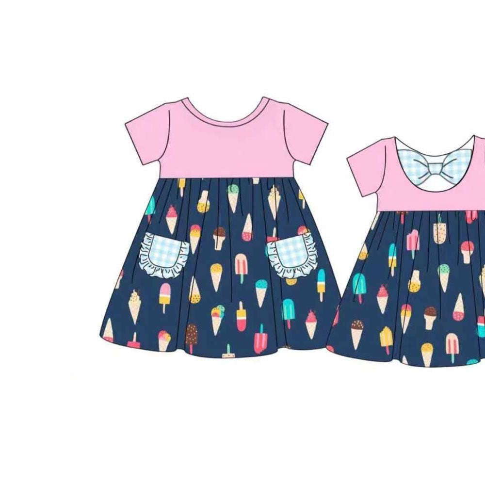 10.29 GSD2958 Pre Order No moq Baby Girls Ice Cream Plaid Pockets Back Bow Knee Length Dresses