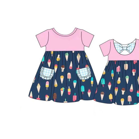 10.29 GSD2958 Pre Order No moq Baby Girls Ice Cream Plaid Pockets Back Bow Knee Length Dresses