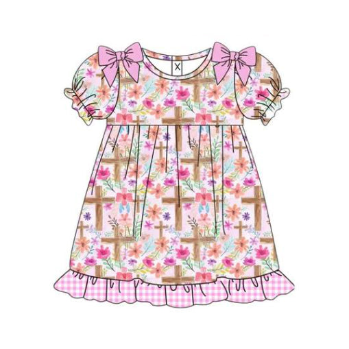 10.29 GSD2959 Pre Order No moq Baby Girls Flowers Crosses Bows Easter Ruffle Knee Length Dresses
