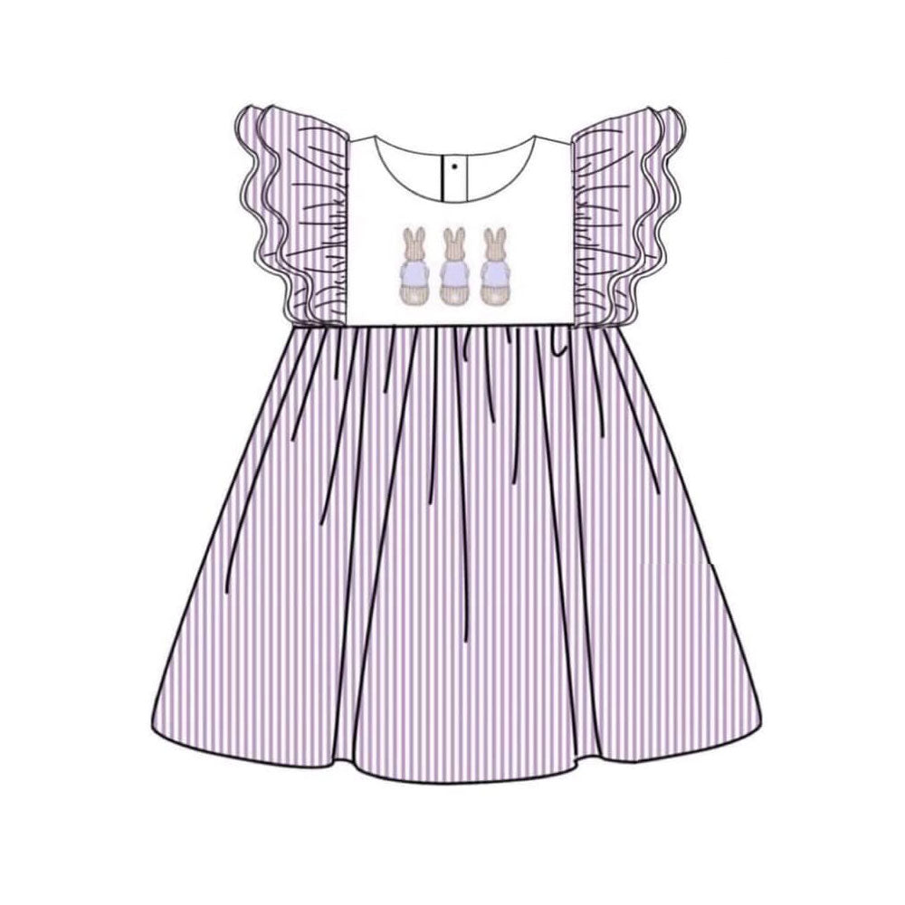 10.29 GSD2960 Pre Order No moq Baby Girls Stripe Rabbits Easter Flutter Sleeve Knee Length Dresses